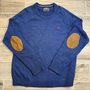 American Eagle  Sweater Mens Blue XL Athletic Fit  Elbow Patches Preppy Profess‎